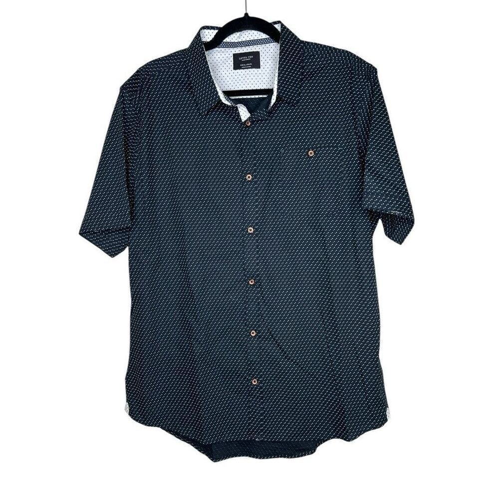 Level Ten Men’s Short Sleeve Button-Up Shirt Black with Dot Print Size XL
